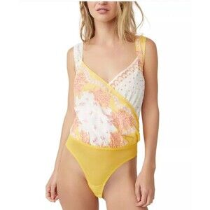 NWT Free People Sweet Thing Mixed Print Cotton Bodysuit - Marigold Combo Size S
